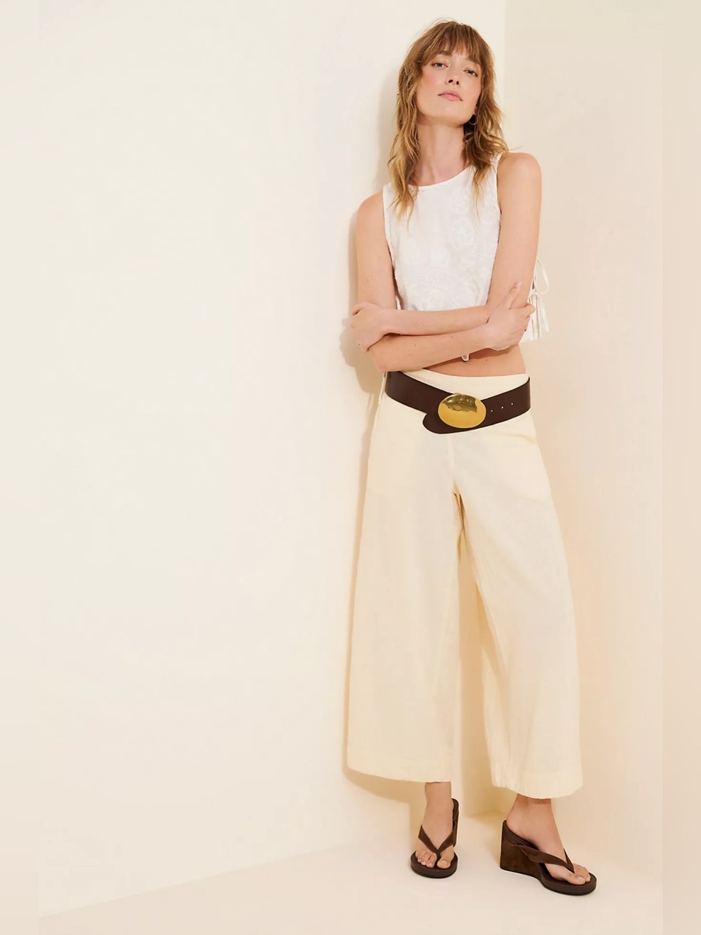 Free People Demi Cotton-Linen Pants Cream linen wide leg trousers